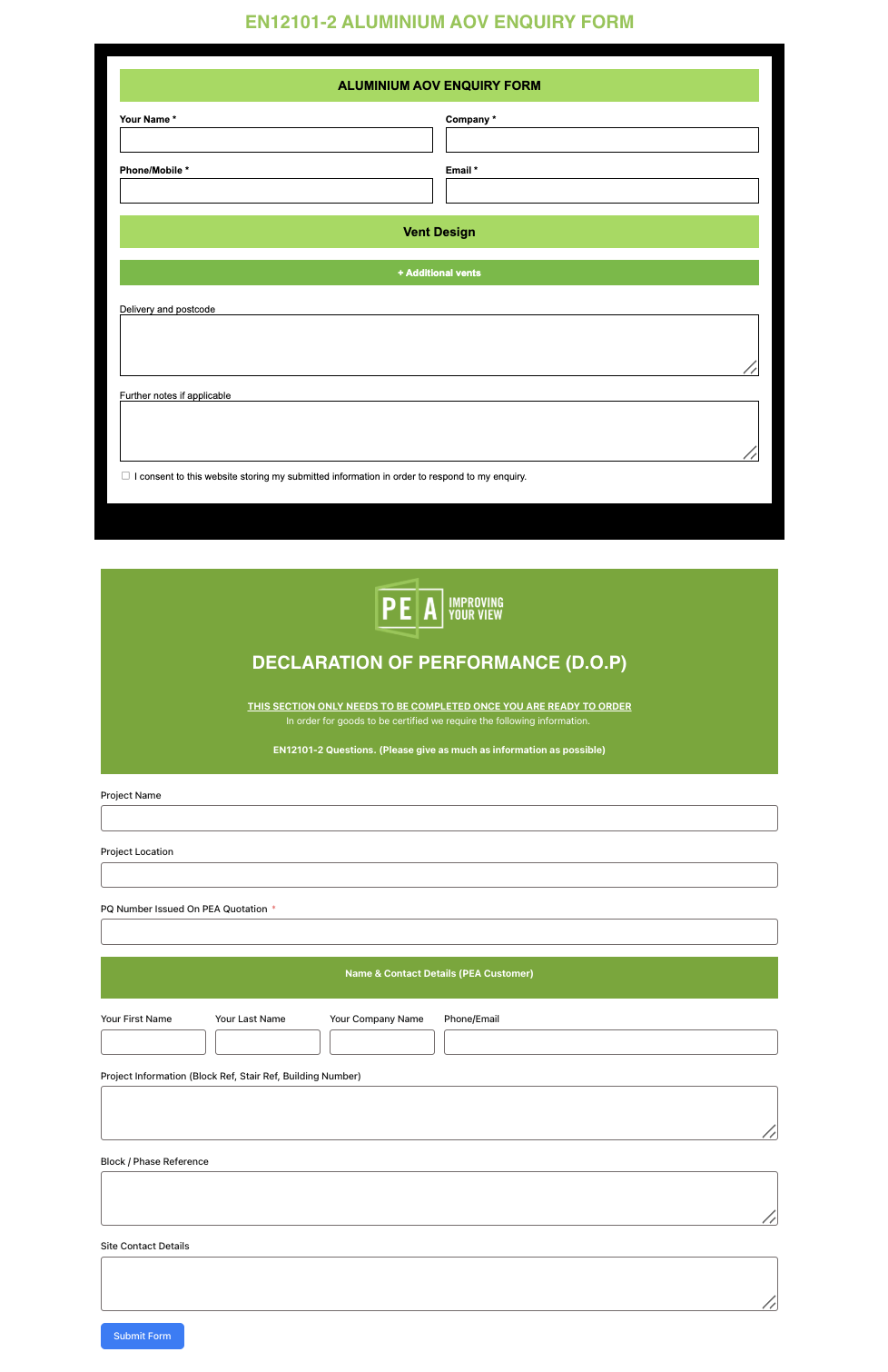 PEA's New Form AOV Enquiry